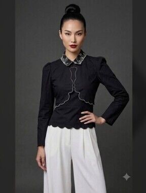 Black Scalloped Edge VIVETTA BLOUSE  with Embroidered Collar SIZE SMALL
